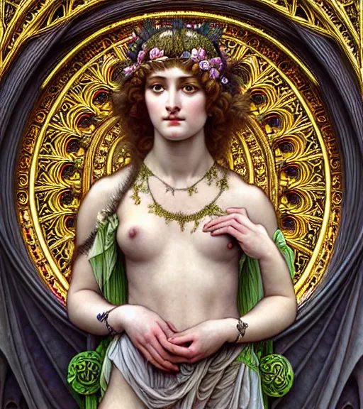 Image similar to hyperrealistic detailed portrait of a beautiful young goddess morphing into a gothic cathedral, authentic ornamental architecture, intricate and highly detailed, awe inspiring art by ernst haeckel, john william godward, h. r. giger, alphonso mucha, android jones, james jean, gothic, neo - gothic, heavily ornamental, deep colours,