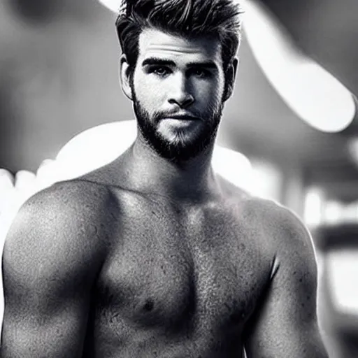 Image similar to “a realistic detailed photo of a guy who is an attractive humanoid who is half robot and half humanoid, who is a male android, Liam Hemsworth, shiny skin, posing like a statue, blank stare”