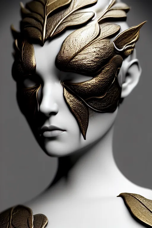 Image similar to monochrome close - up profile face, black background, beautiful young porcelain vegetal - dragon - cyborg - female, 1 5 0 mm, beautiful natural soft rim light, silver gold details, magnolia leaves and stems, roots, mandelbot fractal, elegant, hyper real, ultra detailed, white metallic armour, octane render, 1 6 k