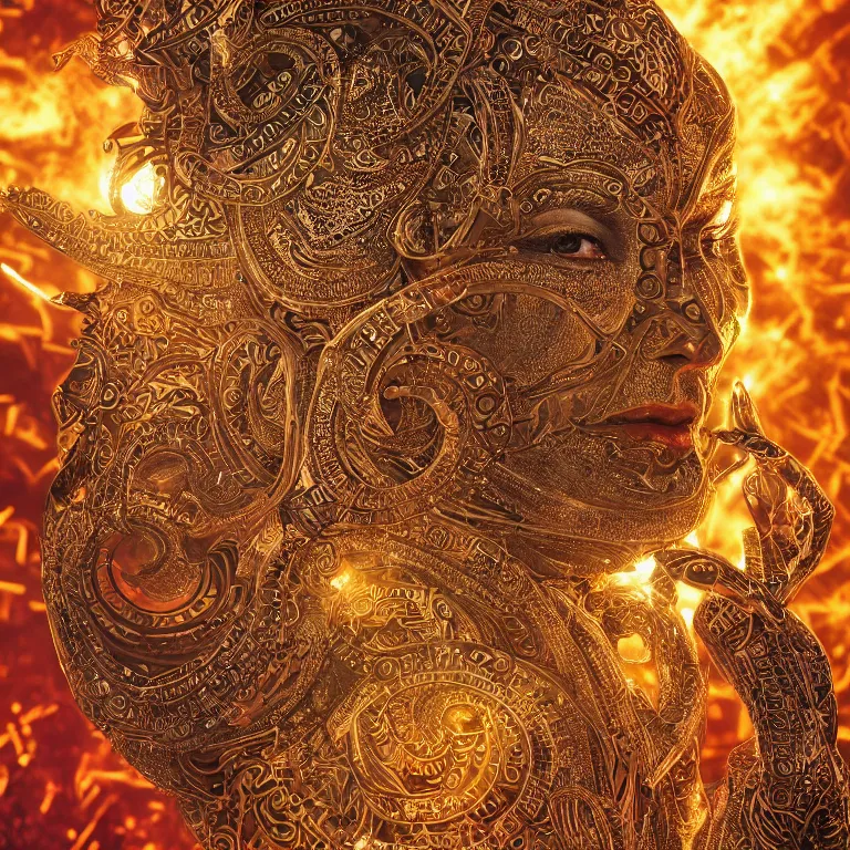 Image similar to octane render portrait by wayne barlow and carlo crivelli and glenn fabry, a high - end chrome android with intricate gold and silver detailing in the style of henna face tattoos, inside a complex mandala pattern made out of colorful flames, volumetric lighting and light rays, cinema 4 d, ray traced lighting, very short depth of field, bokeh