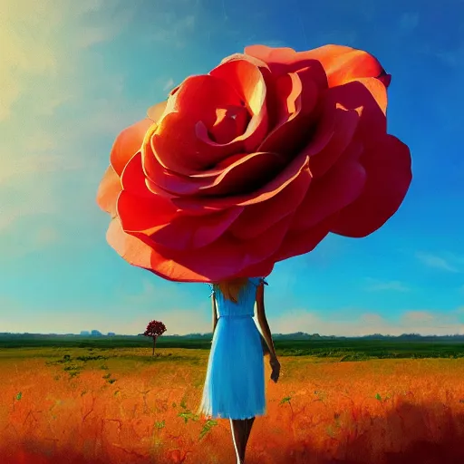 Image similar to portrait, giant rose flower head, girl walking in a suit, surreal photography, sunrise, blue sky, dramatic light, impressionist painting, digital painting, artstation, simon stalenhag