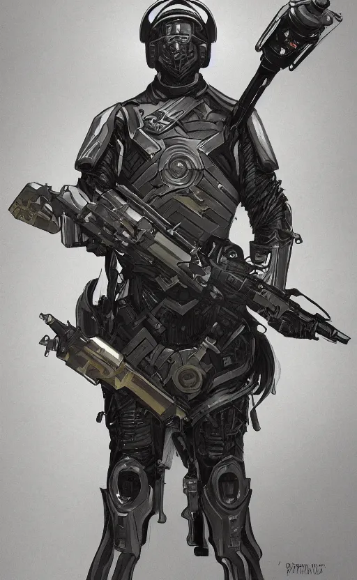 Image similar to a top view shot of a man in black futuristic armor, holding a gun up to the sky, alphonse mucha , greg rutowski, illustration, science fiction, concept art, digital painting, Trending on artstation