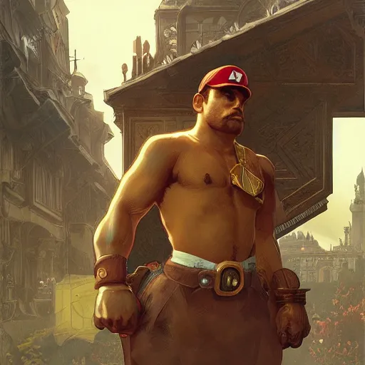 Image similar to wide shot of man super mario, highly detailed, digital painting, artstation, illustration, art by artgerm and greg rutkowski and alphonse mucha