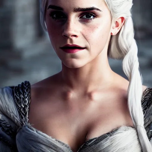 Image similar to Emma Watson full shot modeling as hot Daenerys Targaryen From Game of Thrones, (EOS 5DS R, ISO100, f/8, 1/125, 84mm, postprocessed, crisp face, facial features)