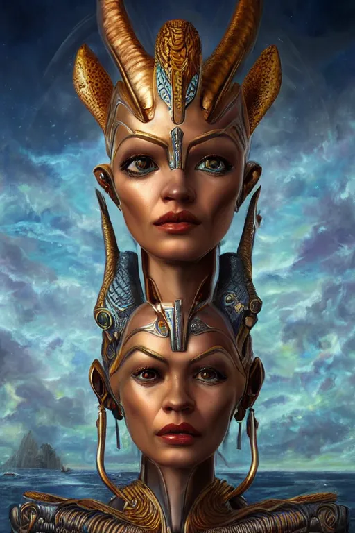 Image similar to portrait of a beautiful female hybrid atlantean anubis alien elsa jean warrior, regal, realistic, refined, detailed digital art, oil painting, michael cheval, esao andrews, art frahm, steampunk, walt disney ( 1 9 3 7 ), highly detailed, cinematic lighting, unreal engine, 8 k, hd