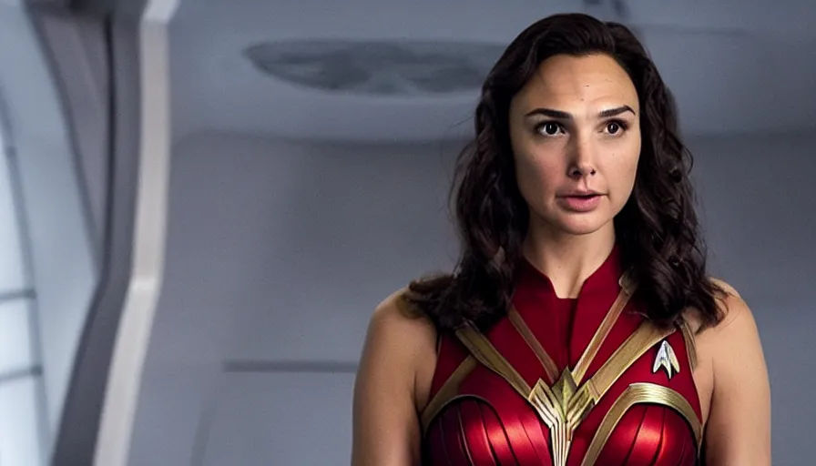 Image similar to Gal Gadot, wearing command red, is the captain of the starship Enterprise in the new Star Trek movie