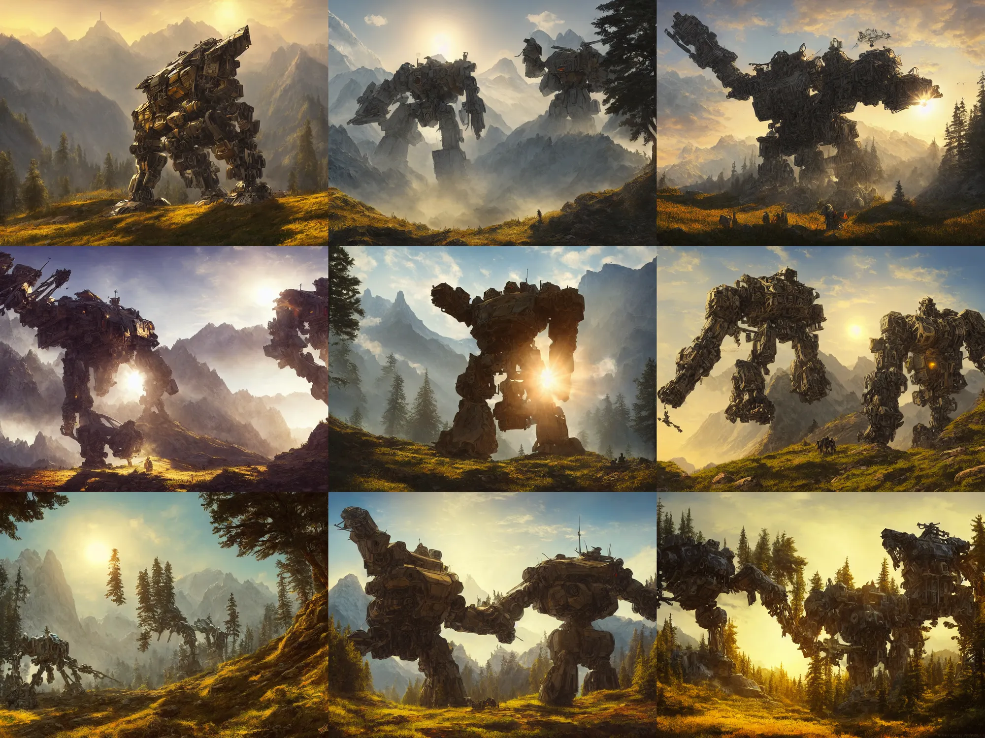 Prompt: high quality concept art of super cool huge mech in mountains, in the style of Ivan Ivanovich Shishkin, cinematic angle, golden hour, horizon, super detailing
