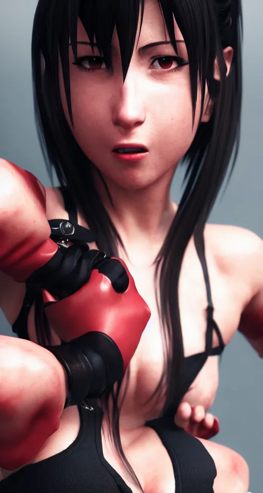 Image similar to closeup portrait of tifa lockheart punching the cameraman, action shot, photorealistic, octane render, hyperdetailed, artstation and pixiv