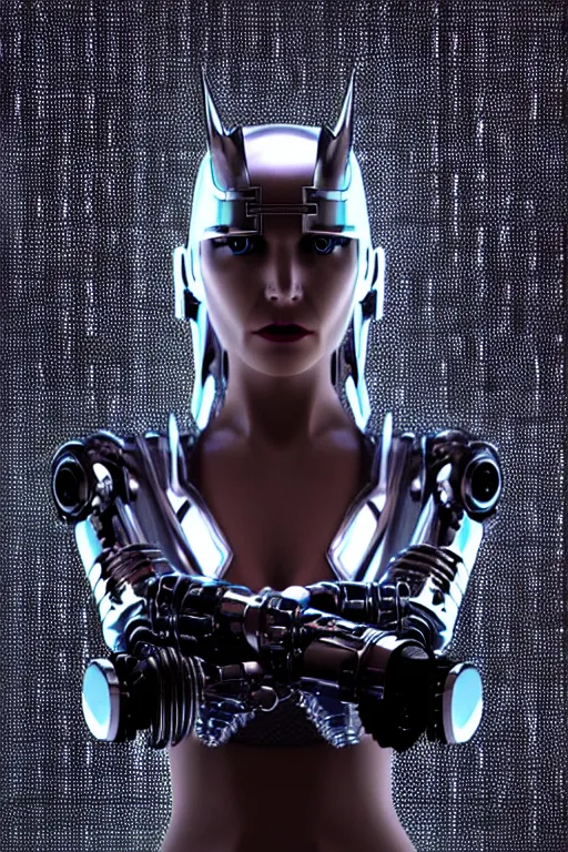 Prompt: female chrome futuristic cyborg with curved metal Loki horns, chrome motorcycle parts, full body, machine abstract background, neon bar lights, 3d render, octane, 8k, volumetric lighting, hyper-realistic, dark fantasy, diffuse lighting, intricate, highly detailed, lifelike, photorealistic, digital painting, trending on artstation, smooth, sharp focus, art by John Collier and Albert Aublet and Krenz Cushart and Artem Demura and Alphonse Mucha