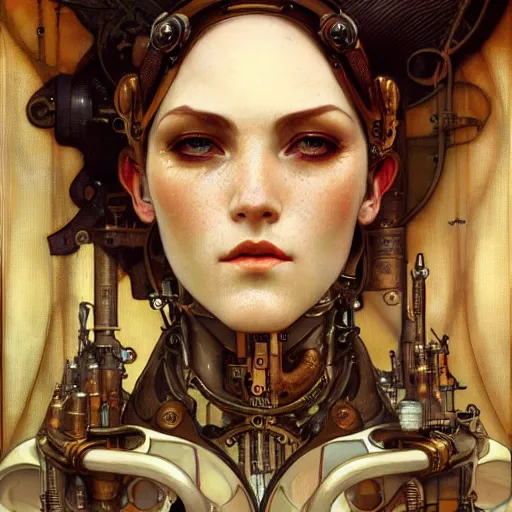 Prompt: close - up portrait of a beautiful female steampunk in the style of ex machina, karol bak, alphonse mucha, greg rutkowski,