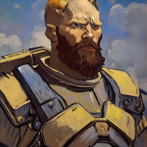 Image similar to greg manchess portrait painting of armored van gogh as overwatch character, medium shot, asymmetrical, profile picture, organic painting, sunny day, matte painting, bold shapes, hard edges, street art, trending on artstation, by huang guangjian, gil elvgren, ruan jia, randy vargas, greg rutkowski