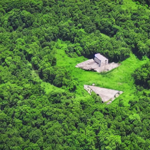 Prompt: fortified compound. aerial photography. secret police facility. lush green forest