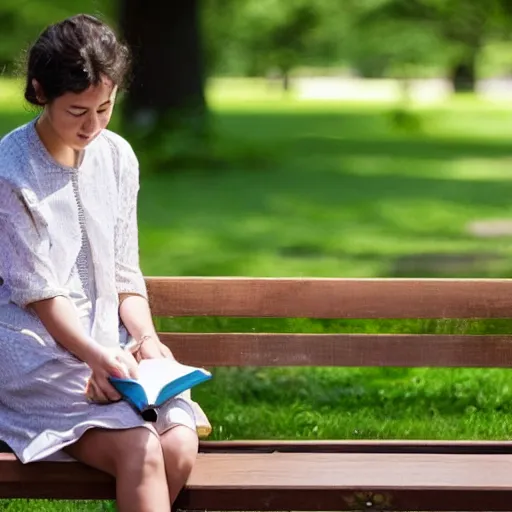 Image similar to A young woman, no older than twenty, sits on a bench in a busy park. She\'s wearing a summer dress and a light jacket, despite the fact that it\'s a warm day. She\'s clutching a small book close to her chest, and her eyes are closed, as if she\'s lost in thought. by Makoto Shinkai