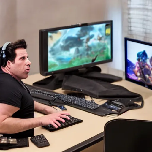 Image similar to obese John Travolta wearing a headset yelling at his monitor while playing WoW highly detailed wide angle lens 10:9 aspect ration award winning photography