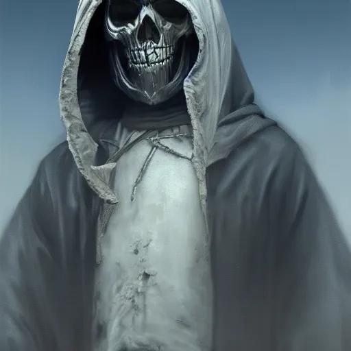 Image similar to a portrait of an hooded man with a skull face, Matte painting , detailed painting, made by Greg Rutkowski, 4k resolution, atmospheric, extremely high detail