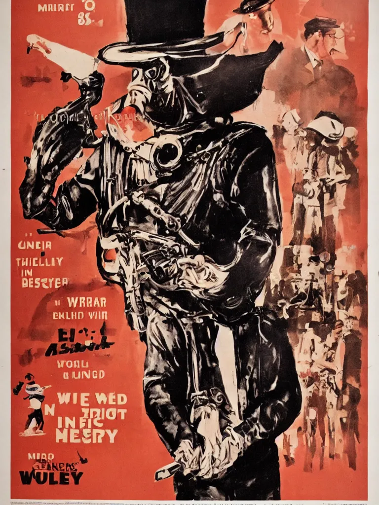 Prompt: a 60s western poster featuring a filmmaker dressed in ned kelly iron chicken armour