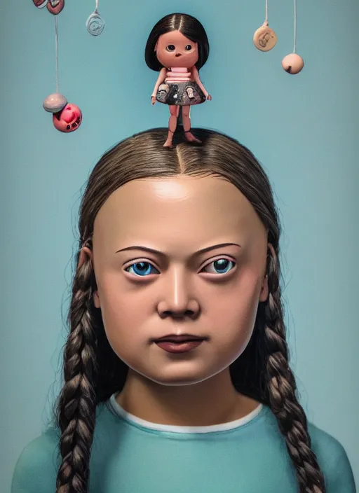 Image similar to closeup face profile portrait of tin toy greta thunberg as a bikini model eating cakes, depth of field, zeiss lens, detailed, symmetrical, centered, fashion photoshoot, by nicoletta ceccoli, mark ryden, lostfish, breathtaking, 8 k resolution, extremely detailed, beautiful, establishing shot, artistic, hyperrealistic, octane render