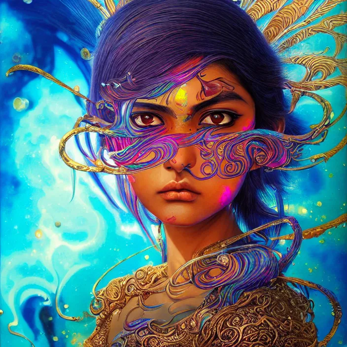 Image similar to ultra detailed illustration of a angry indian anime girl, skin covered in a sea of iridescent liquid, chrome metal material, lost in a dreamy oriental realm by Karol Bak, Moebius, hiroshi yoshida, Druillet, xsullo, colorful, front view, vivid colors, 8k, coherent, anime vibes, uplifting, magical composition, artstation, synthwave, 8k, coherent, artgerm, uplifting, unreal engine, magical composition, artstation