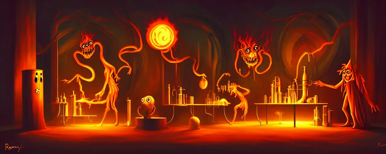 Image similar to uncanny alchemist monsters in a fiery alchemical lab, dramatic lighting, surreal 1 9 3 0 s fleischer cartoon characters, surreal painting by ronny khalil