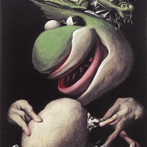 Image similar to “Kermit the Frog Devouring His Son” by Francisco Goya, in the style of “Saturn Devouring His Son”, fresco, horror