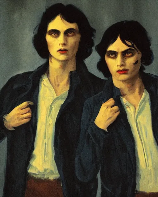 Image similar to two beautiful but sinister young men wearing oxford shirts in layers of fear, with haunted eyes and dark hair, 1 9 7 0 s, seventies, wallpaper, a lot of blood, moonlight showing injuries, delicate embellishments, painterly, offset printing technique, by brom, robert henri, walter popp