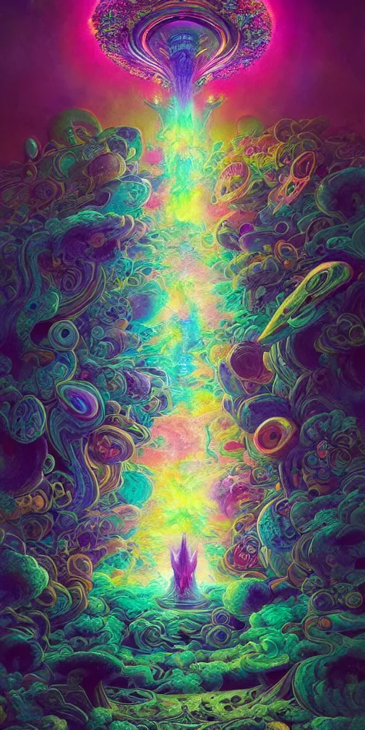 Image similar to An extremely psychedelic abstract illustration of gateway into celestial dreams, colorful, surreal, dramatic lighting, magic mushrooms, psilocybin, LSD, detailed, intricate, elegant, highly detailed, digital painting, artstation, concept art, smooth, sharp focus, illustration, art by Krenz Cushart, greg rutkowski and zdzislaw beksinski and alphonse mucha, unreal engine 5 render, 8k