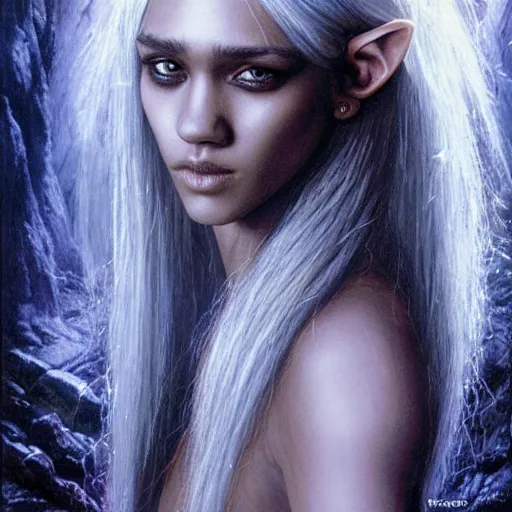 Image similar to head and shoulders portrait of an obsidian - skinned, white - haired drow elf spider wizard portrayed by young jessica alba, in a crystal cavern, d & d, fantasy, luis royo, magali villeneuve, donato giancola, wlop, krenz cushart