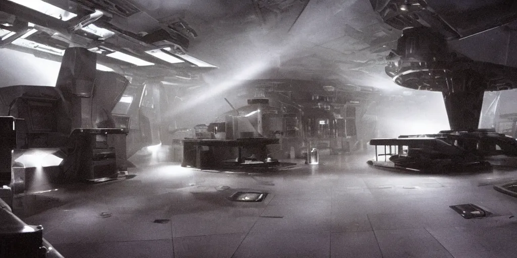 Prompt: film still of inside a dark futuristic scientific research outpost with complicated machinery and lasers in a moist foggy jungle, science fiction, laser lights and spooky shapes, ridley scott, lights through fog, futuristic outpost building, wet lush jungle landscape, dark sci - fi, 1 9 8 0 s, beige and dark atmosphere, ridley scott