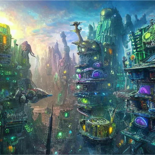 Image similar to dense alien city on ancient post - apocalyptic planet, jim henson creature shop, vivid and colorful, thomas kincaid, cinematic, oil painting, highly detailed, illustration