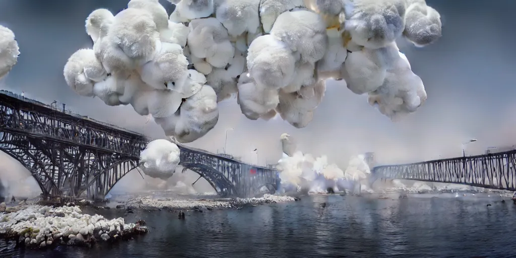 Image similar to explosions in the form of realistic white cotton plants on harbour bridge, huge white cotton everywhere on the destroyed harbour bridge, smooth, sharp focus, highly detailed, 3 d octane render, epic lighting, lots of white cotton, 8 k, by goro fujita