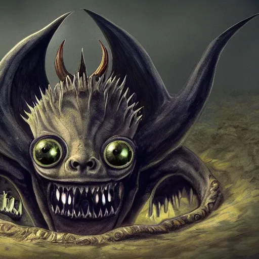 Image similar to A creature with one big eye and a huge mouth. inside the mouth there are many sharp teeth. it's got two horns on the sides of its head and one of the horns is broken. it's body is humanoid like