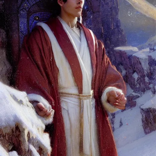 Image similar to a young, androgynous wizard with beautiful robes in an arctic temple, highly detailed painting by gaston bussiere, craig mullins, j. c. leyendecker, 8 k