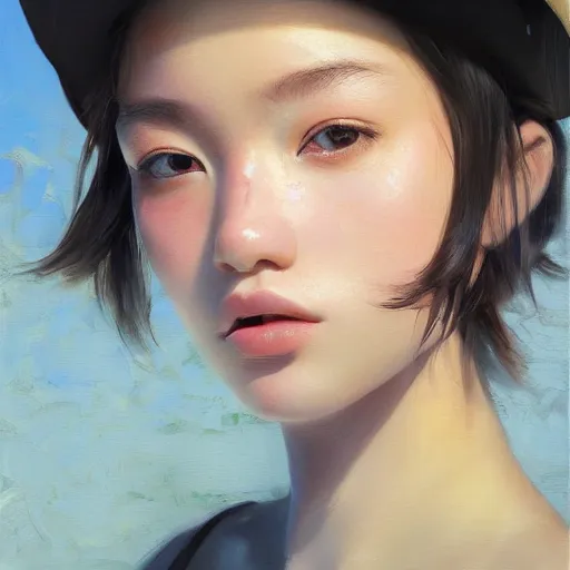 Image similar to oil painting by ilya kuvshinov,, baugh casey, artgerm craig mullins, coby whitmore, of a youthful japanese girl, long hair, fisherman's hat, highly detailed, breathtaking face, studio photography, noon, intense bounced light, water reflection, large tree casting shadow, serine intense sunlight