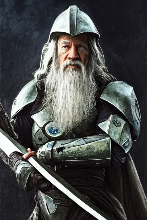 Image similar to master chief playing gandalf in the new lord of the rings movie, oil on canvas, intricate, portrait, 8 k highly professionally detailed, hdr, cgsociety