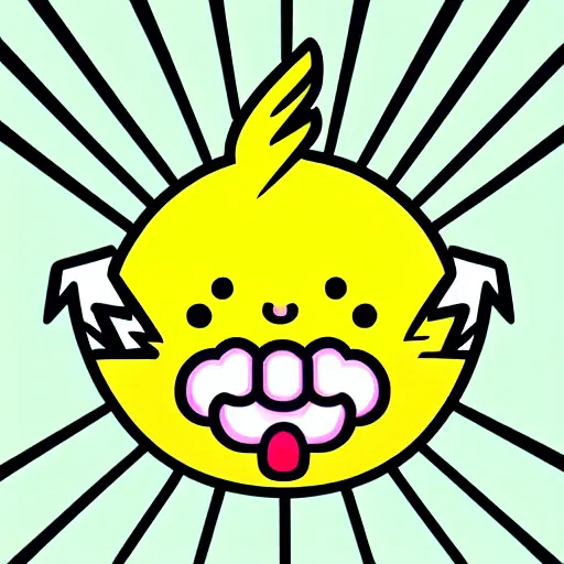 Prompt: kawaii wacky fluffy popcorn brain with lightning bolt power, with golden helmet, yokai, in the style of a mamashiba, with a yellow beak, with a smiling face and flames for hair, sitting on a lotus flower, white background, simple, clean composition, symmetrical, suitable for use as a logo