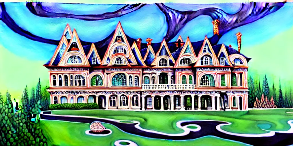 Image similar to Fractal mansion, detailed gouache painting