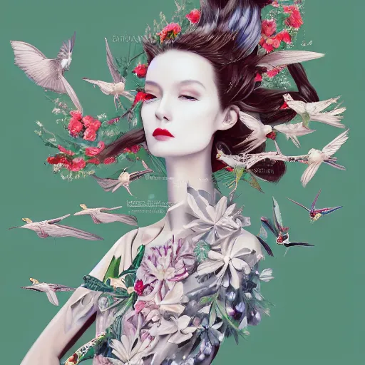 Prompt: full length fashion illustration of a beautiful girl wearing an origami dress, eye - level medium shot, fine floral ornaments in cloth and hair, hummingbirds, elegant, by eiko ishioka, givenchy, by peter mohrbacher, centered, fresh colors, origami, fashion, detailed, serene, dreamy, vogue, japanese, reallusion character creator