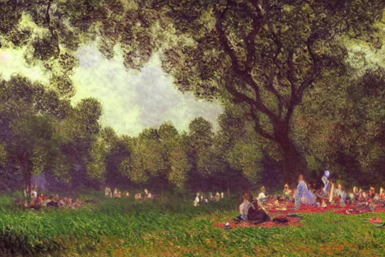 Prompt: a detailed illustration of a god ruining a picnic in the park, nightmare in the park, calamity, dark storms with lightning, ultrawide lens, aerial photography, natural disaster, 8 k, art by claude monet and andreas rocha and albert bierstadt