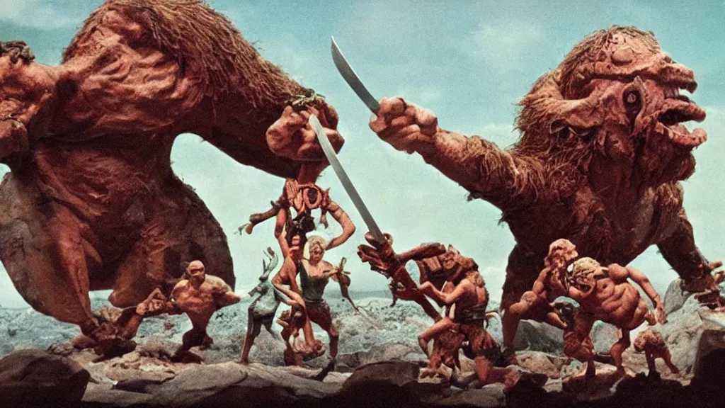 Image similar to still from a stop motion animated movie about a giant cyclops, by ray harryhausen, nineteen seventy five, cinematic lighting, ultra realistic, panavision, wide screen, saturated color, seventies cinema, vintage, sword and sorcery