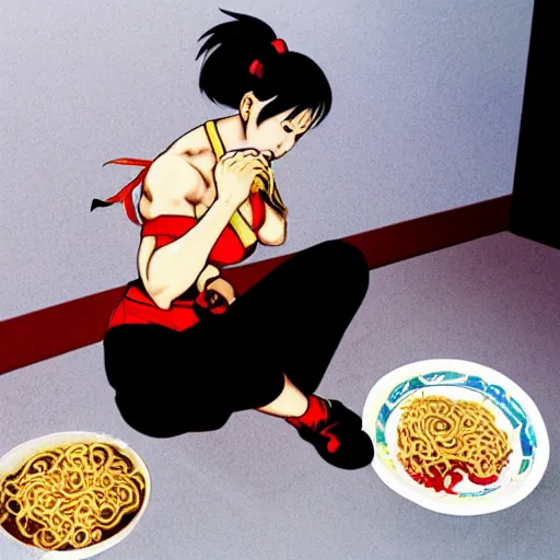 Image similar to Award winning photograph of Chun Li sitting on the floor eating ramen noodles