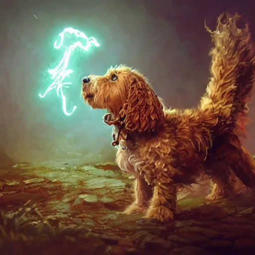 Prompt: cockapoo Dog, Anthropomorphized, casting epic spell, magic the gathering artwork, D&D, fantasy, cinematic lighting, centered, symmetrical, highly detailed, digital painting, artstation, concept art, smooth, sharp focus, illustration, volumetric lighting, epic Composition, 8k, art by Akihiko Yoshida and Greg Rutkowski and Craig Mullins, heroic pose, oil painting, cgsociety, magic lab background