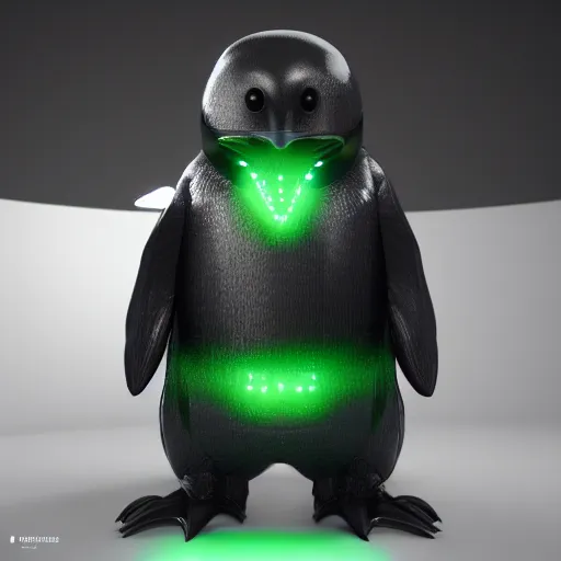 Prompt: a cybertronic penguin, leds, high detail, sharp, studio, digital art, octane render, redshift, blender-hard-surface, cinema-4d, houdini-hard-surface, machin3, mx2