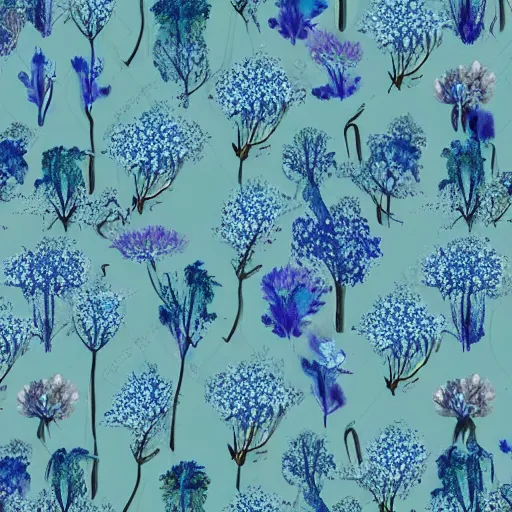 Prompt: an endless plain of blue flowers, a distant rainforest, gigantic trees in the style of avatar, h 7 0 4