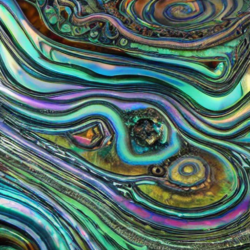 Image similar to Art Nouveau cresting oil slick waves, hyperdetailed bubbles in a shiny iridescent oil slick wave, ammolite, dinosaur bone, detailed giant opalized ammonite shell, black opal, abalone, paua shell, ornate copper patina medieval ornament, rococo, organic rippling spirals, octane render, 8k 3D, druzy geode, cresting waves and seafoam