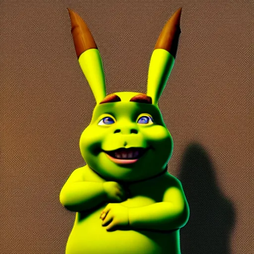 Prompt: shrek as pikachu, highly detailed, extremely high quality, hd, 4 k, 8 k, canon 3 0 0 mm, professional photographer, 4 0 mp, lifelike, top - rated, award winning, realistic, detailed lighting, detailed shadows, sharp, no blur, edited, corrected, trending