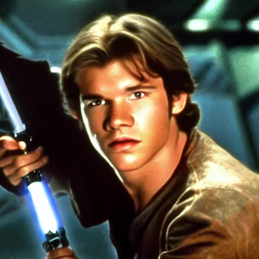 Image similar to A full color still from a film of a teenage Han Solo as a Jedi padawan holding a lightsaber hilt, from The Phantom Menace, directed by Steven Spielberg, 35mm 1990