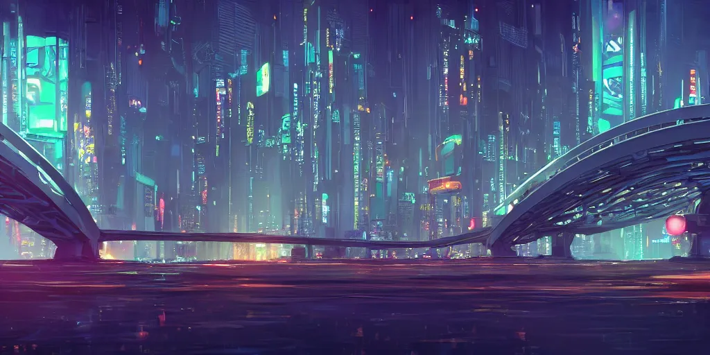 Prompt: a stylized 2 d cinematic keyframe of a futuristic cyberpunk bridge at night, awe inspiring, joy gaze, cel - shaded, classical animation, edge to edge print, rendered by studio ghibli, artgerm, alyssa monks, andreas rocha, david kassan, neil blevins, rule of thirds, golden ratio, ambient lighting