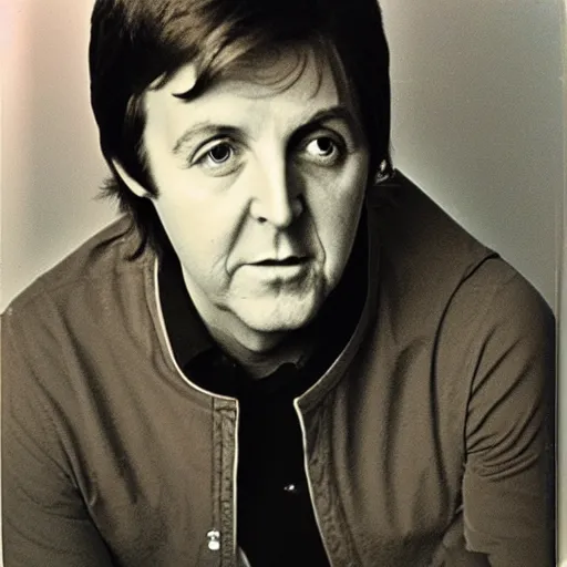 Prompt: Polaroid Portrait of a younger 1970s 35 year old Paul McCartney, taken in the 1970s, photo taken on a 1970s polaroid camera, grainy, real life, hyperrealistic, ultra realistic, realistic, highly detailed, epic, HD quality, 8k resolution, body and headshot, film still, front facing, front view, headshot and bodyshot, detailed face, very detailed face, by Andy Warhol