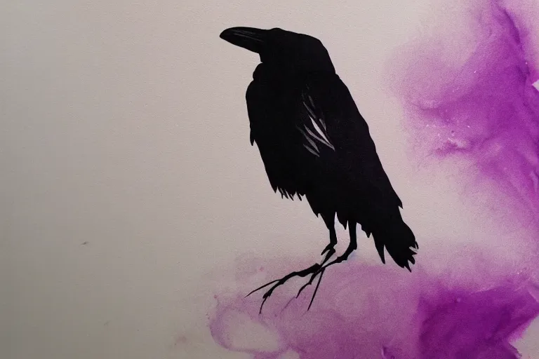 Image similar to beautiful serene smart raven, healing through motion, minimalistic golden and purple ink airbrush painting on white background