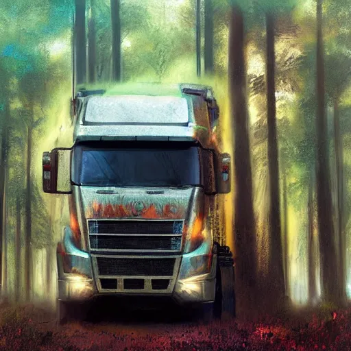 Prompt: a truck in the woods, digital art by ruan jia and mandy jurgens and artgerm, highly detailed, trending on artstation, award winning